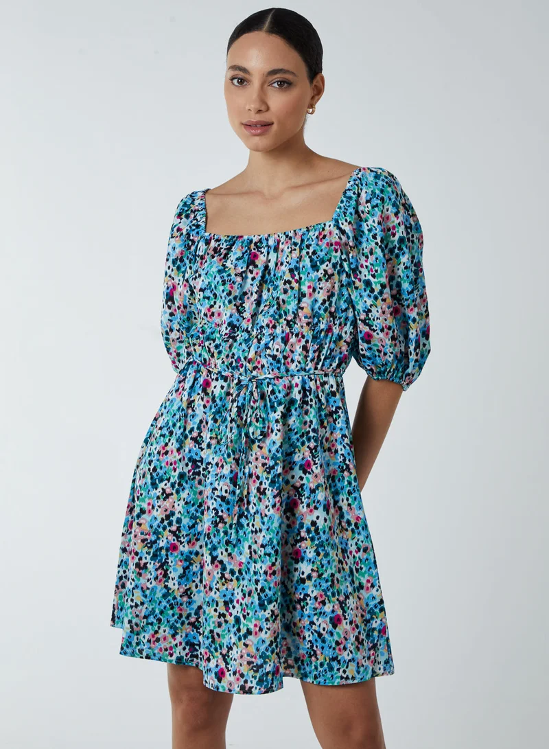 Blue Vanilla Square Neck Milkmaid Puff Sleeve Mini Dress