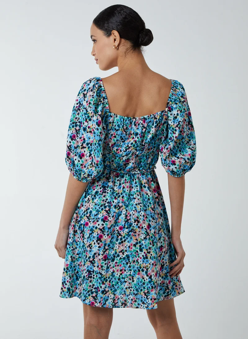 Blue Vanilla Square Neck Milkmaid Puff Sleeve Mini Dress