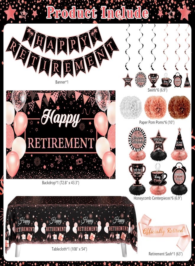 THAWAY Retirement Party Decorations for Women 109Pcs Rose Gold Black Happy Retirement Decorations Retirement Banner Backdrop Balloons Sash Hanging Swirls Pompoms Tablecloth Honeycomb Centerpiece(Rose Gold) - Image 2