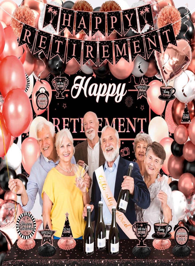 THAWAY Retirement Party Decorations for Women 109Pcs Rose Gold Black Happy Retirement Decorations Retirement Banner Backdrop Balloons Sash Hanging Swirls Pompoms Tablecloth Honeycomb Centerpiece(Rose Gold) - Image 5