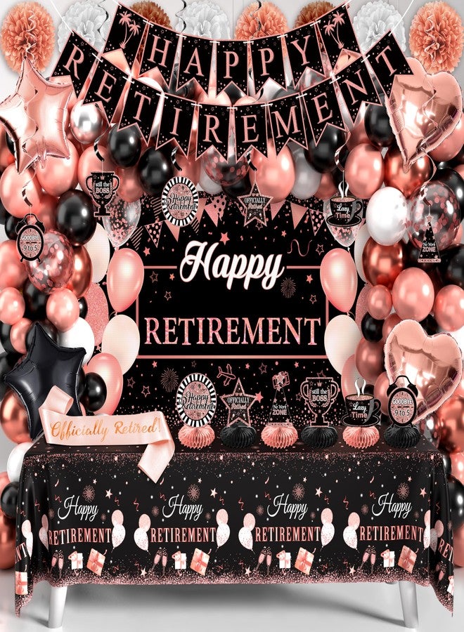 THAWAY Retirement Party Decorations for Women 109Pcs Rose Gold Black Happy Retirement Decorations Retirement Banner Backdrop Balloons Sash Hanging Swirls Pompoms Tablecloth Honeycomb Centerpiece(Rose Gold) - Image 1