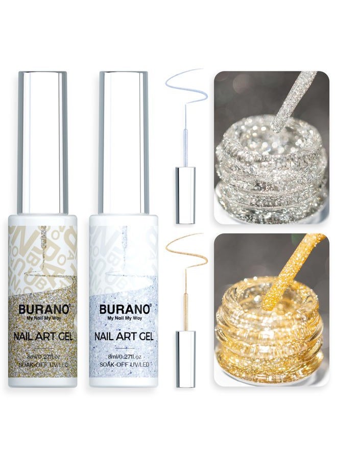 BURANO UV Nail Polish, Holographic Reflective Glitter UV Varnish, Nail Design, 2 Bottles 8 ml, Liner Nail Art, French Gel Nails Colours - Image 1
