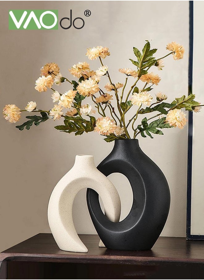 VAOdo 2PCS Hollow Ceramic Vase for Modern Home Decor White Boho Donut Vases Nordic Minimalist Decorative Vase for Table Centerpiece Wedding Dining Living Room Office House Decoration  - Image 2
