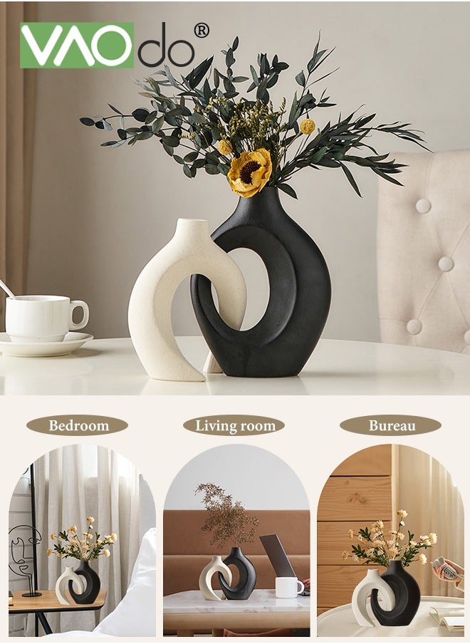 VAOdo 2PCS Hollow Ceramic Vase for Modern Home Decor White Boho Donut Vases Nordic Minimalist Decorative Vase for Table Centerpiece Wedding Dining Living Room Office House Decoration  - Image 4