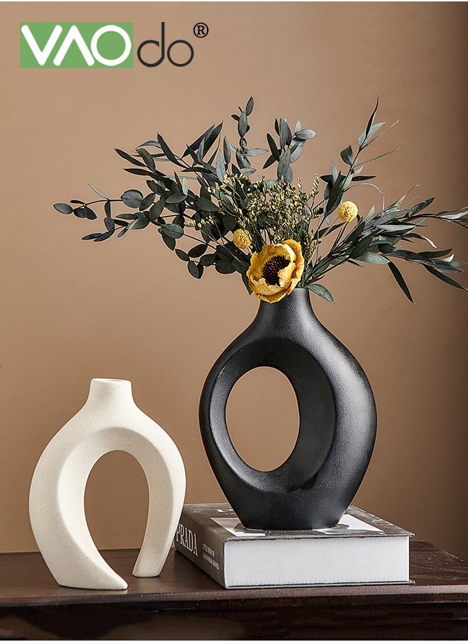 VAOdo 2PCS Hollow Ceramic Vase for Modern Home Decor White Boho Donut Vases Nordic Minimalist Decorative Vase for Table Centerpiece Wedding Dining Living Room Office House Decoration  - Image 3