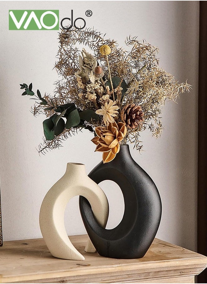 VAOdo 2PCS Hollow Ceramic Vase for Modern Home Decor White Boho Donut Vases Nordic Minimalist Decorative Vase for Table Centerpiece Wedding Dining Living Room Office House Decoration  - Image 5