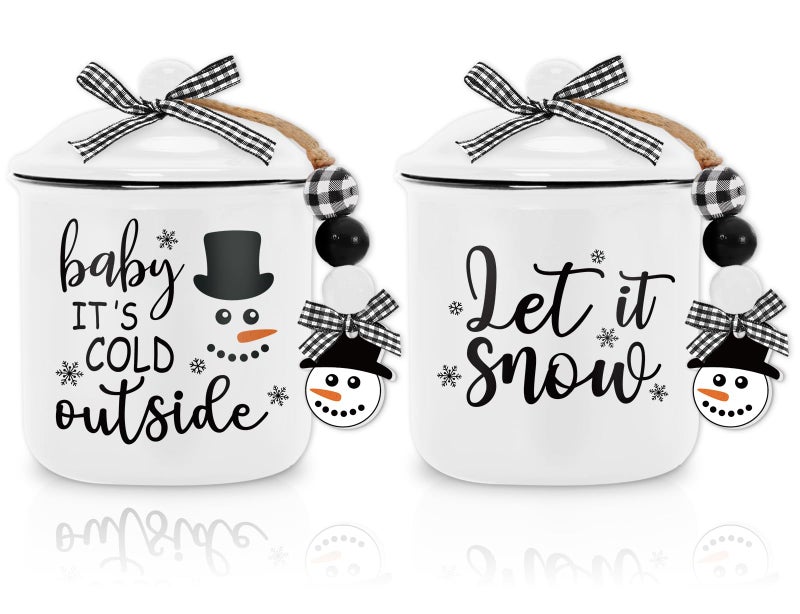 Whaline 2Pcs Winter Mini Ceramic Canister Snowman Mini Jar White Black Candy Holder with Lid Plaid Bow for Winter Xmas Tiered Tray Decor Home Storage Accessory