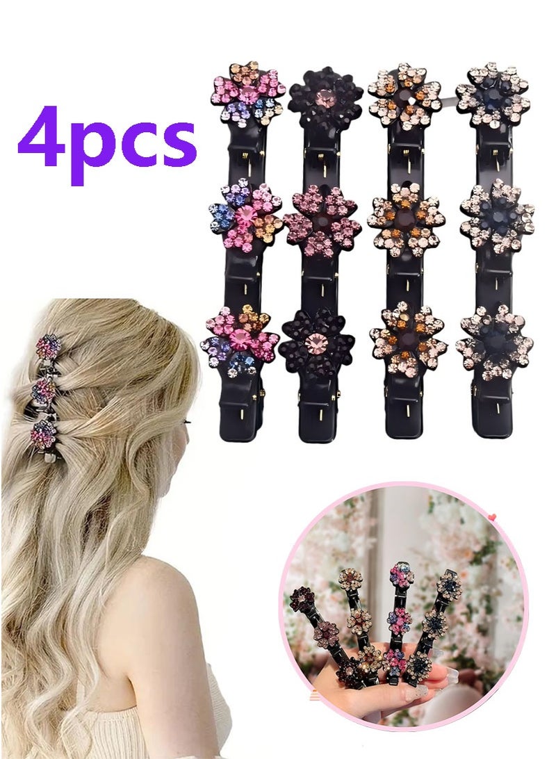 4 Pcs Sparkling Crystal Stone Braided Hair Clips, 2026 New Satin Fabric Hair Bands Rhinestone Four-Leaf Clover Hair Clip,Duck Bill Clips for Women Girls - Image 1