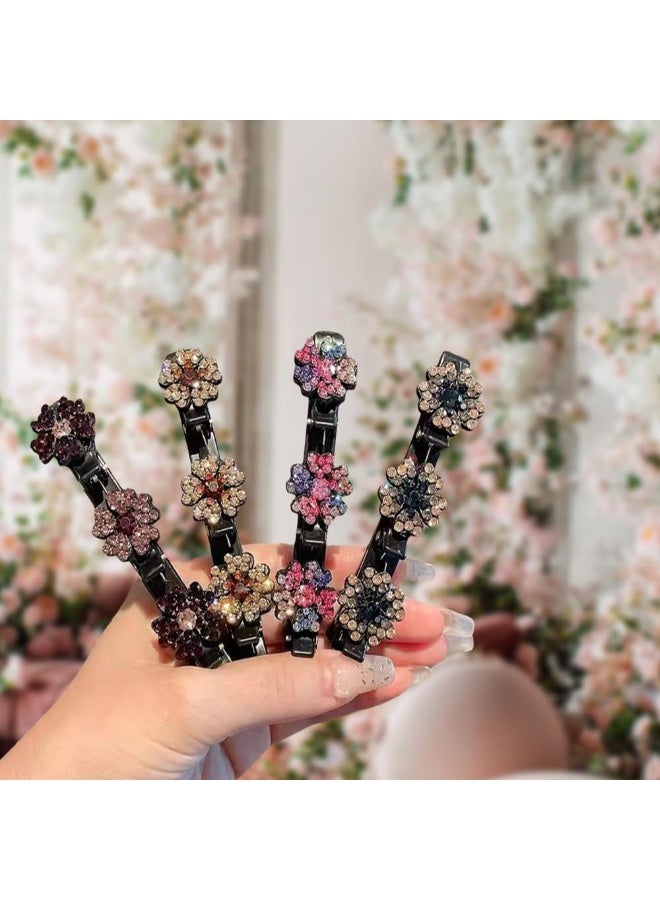 4 Pcs Sparkling Crystal Stone Braided Hair Clips, 2026 New Satin Fabric Hair Bands Rhinestone Four-Leaf Clover Hair Clip,Duck Bill Clips for Women Girls - Image 2