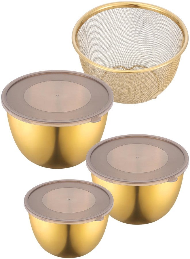 CODOHI Gold Mixing Bowls with Airtight Lids Stainless Steel Mixing Bowl Set of 3 Metal Nesting Organizers and 1 Colander Non-slip Bottom for Baking Serving Food Size 2.22, 1.27,0.74 QT, Stackable - Image 1