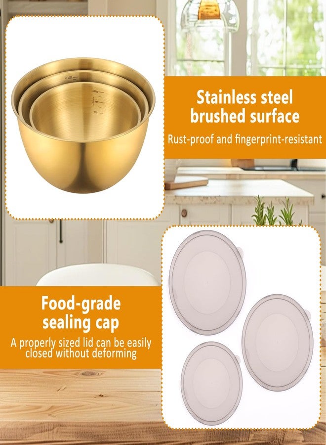 CODOHI Gold Mixing Bowls with Airtight Lids Stainless Steel Mixing Bowl Set of 3 Metal Nesting Organizers and 1 Colander Non-slip Bottom for Baking Serving Food Size 2.22, 1.27,0.74 QT, Stackable - Image 4