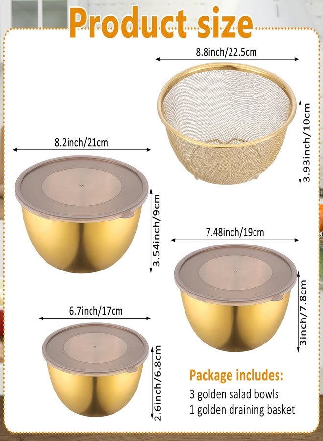 CODOHI Gold Mixing Bowls with Airtight Lids Stainless Steel Mixing Bowl Set of 3 Metal Nesting Organizers and 1 Colander Non-slip Bottom for Baking Serving Food Size 2.22, 1.27,0.74 QT, Stackable - Image 2