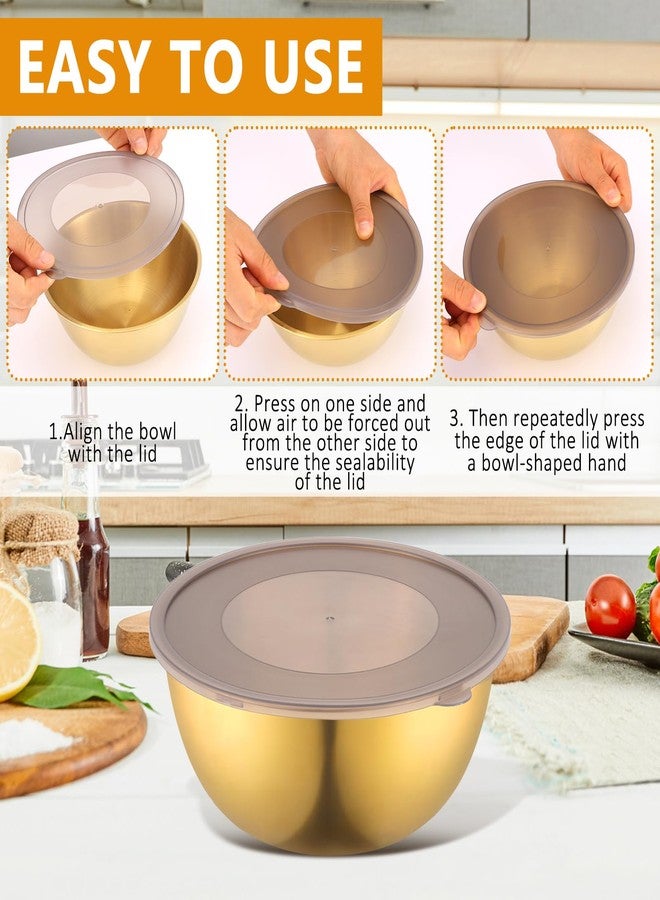 CODOHI Gold Mixing Bowls with Airtight Lids Stainless Steel Mixing Bowl Set of 3 Metal Nesting Organizers and 1 Colander Non-slip Bottom for Baking Serving Food Size 2.22, 1.27,0.74 QT, Stackable - Image 3