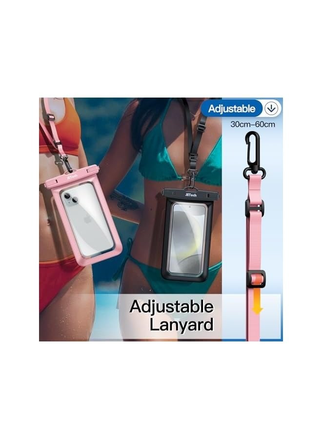 جي تيك حقيبة هاتف مقاومة للماء من JETech، حافظة مقاومة للماء لهاتف iPhone 15 14 13 12 Pro Max Plus، لهاتف Galaxy S24 S23 Ultra وغيرها حتى 7.2 بوصة، حقيبة جافة IPX8 مع حبل، عبوتان (أسود + وردي) - Image 3
