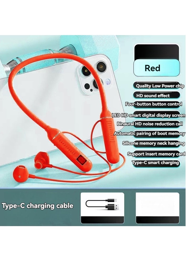 Generic - New neck-mounted wireless Bluetooth headset with digital display and ultra-long standby in-ear wireless sports headset (red) - Image 1