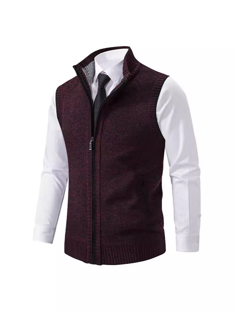 Knitted Sweater Vest Men'S Vertical Collar Sleeveless Sweater Waistcoat Thickened Fleece-Lined Coat Straight Hair - Image 3