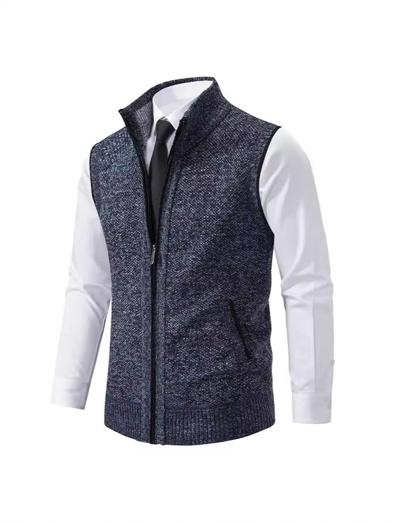 Knitted Sweater Vest Men'S Vertical Collar Sleeveless Sweater Waistcoat Thickened Fleece-Lined Coat Straight Hair - Image 5