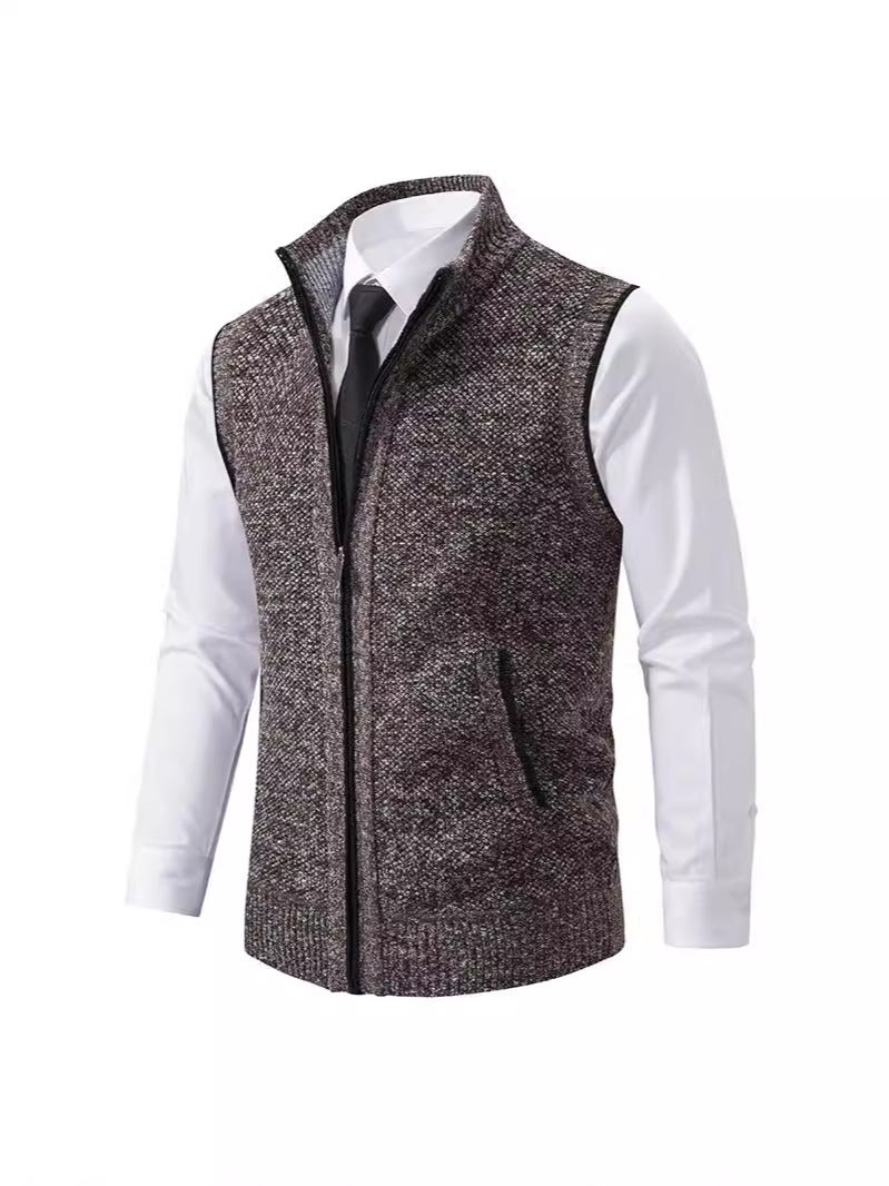 Knitted Sweater Vest Men'S Vertical Collar Sleeveless Sweater Waistcoat Thickened Fleece-Lined Coat Straight Hair - Image 4