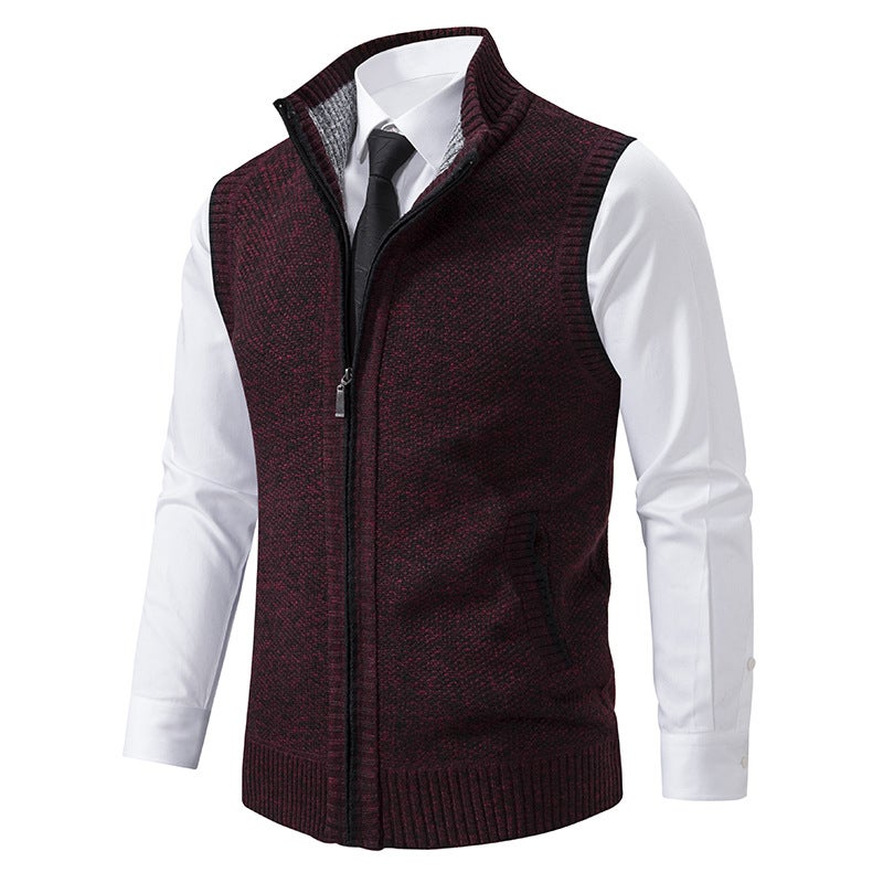 Knitted Sweater Vest Men'S Vertical Collar Sleeveless Sweater Waistcoat Thickened Fleece-Lined Coat Straight Hair - Image 1