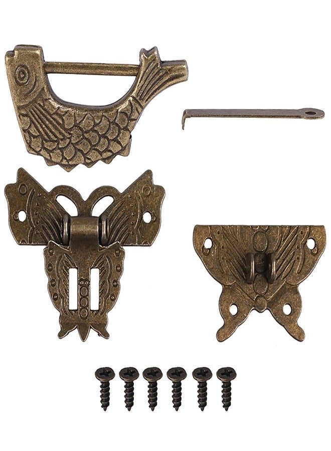 GTHER Antique Small Chinese Locks with Key & Latch Hasp Set, Vintage Jewelry Gift Box Decorative Padlock Lock Hardware Latch Set for Wood Box, Fish Lock - Image 2