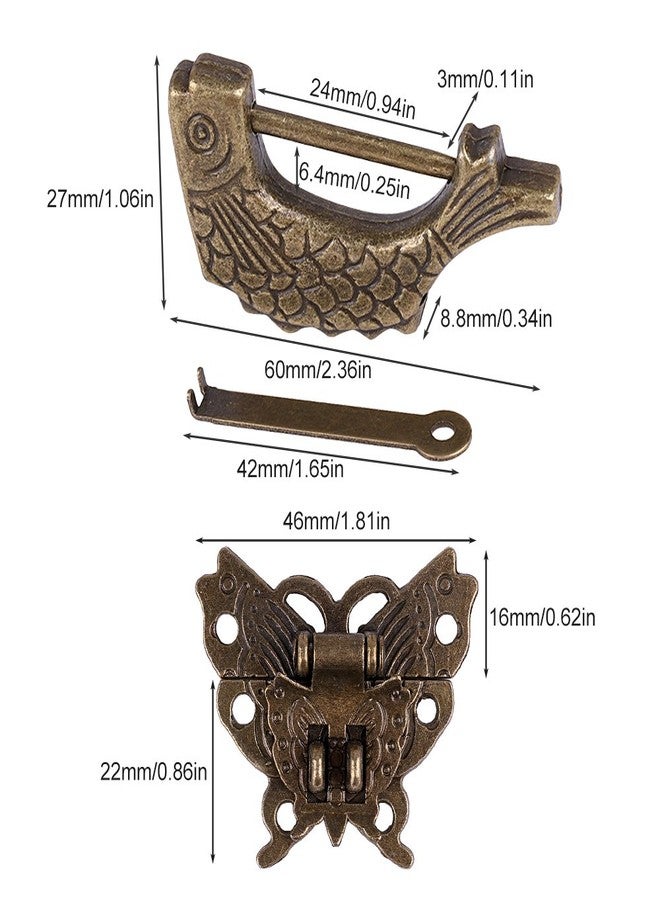 GTHER Antique Small Chinese Locks with Key & Latch Hasp Set, Vintage Jewelry Gift Box Decorative Padlock Lock Hardware Latch Set for Wood Box, Fish Lock - Image 3