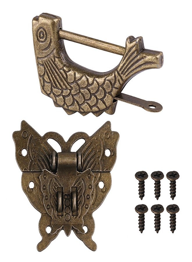 GTHER Antique Small Chinese Locks with Key & Latch Hasp Set, Vintage Jewelry Gift Box Decorative Padlock Lock Hardware Latch Set for Wood Box, Fish Lock - Image 1