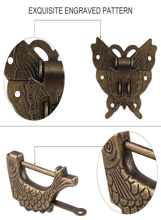GTHER Antique Small Chinese Locks with Key & Latch Hasp Set, Vintage Jewelry Gift Box Decorative Padlock Lock Hardware Latch Set for Wood Box, Fish Lock - Image 4