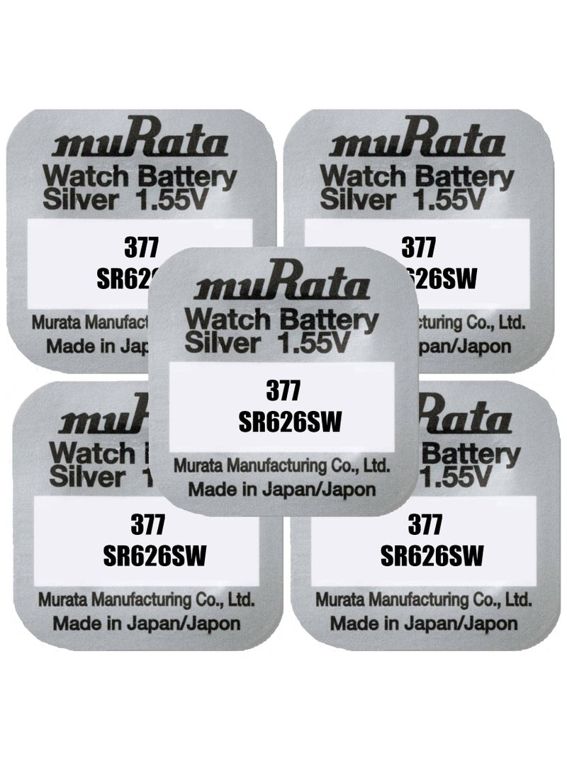 muRATA 5-Pieces Murata 377 / SR626SW Silver Oxide 1.55V Watch Batteries - Image 1