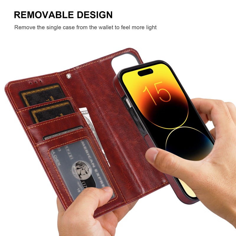 Bocasal for iPhone 15 Wallet Case Compatible with MagSafe Wireless Charging, RFID Blocking Magnetic Leather Case with Card Slots Holder Kickstand Detachable Wrist Strap 6.1 Inch (Brown) - Image 3