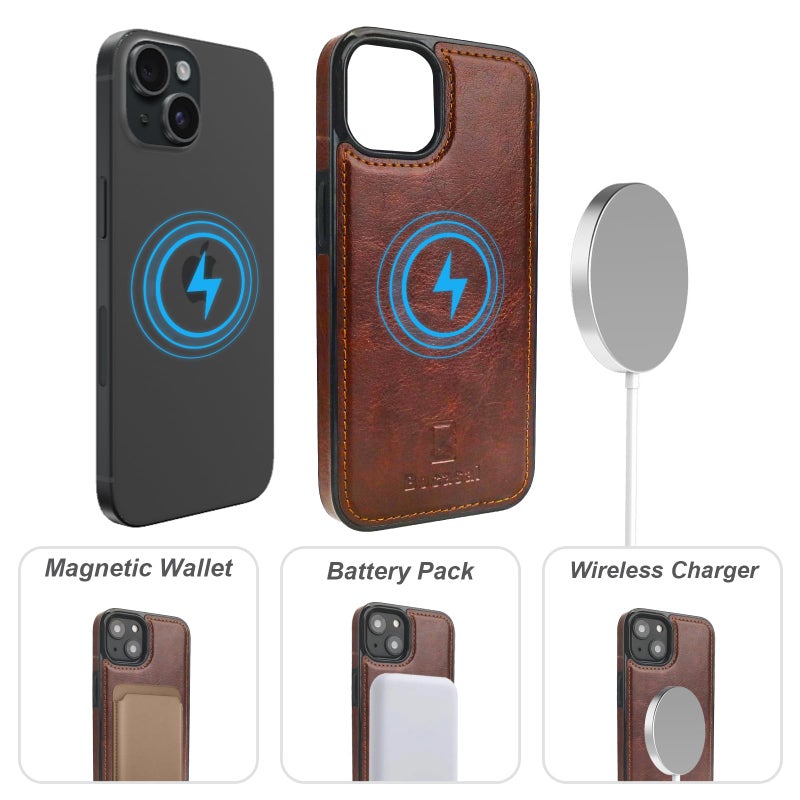 Bocasal for iPhone 15 Wallet Case Compatible with MagSafe Wireless Charging, RFID Blocking Magnetic Leather Case with Card Slots Holder Kickstand Detachable Wrist Strap 6.1 Inch (Brown) - Image 4