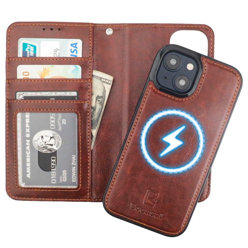 Bocasal for iPhone 15 Wallet Case Compatible with MagSafe Wireless Charging, RFID Blocking Magnetic Leather Case with Card Slots Holder Kickstand Detachable Wrist Strap 6.1 Inch (Brown) - Image 1