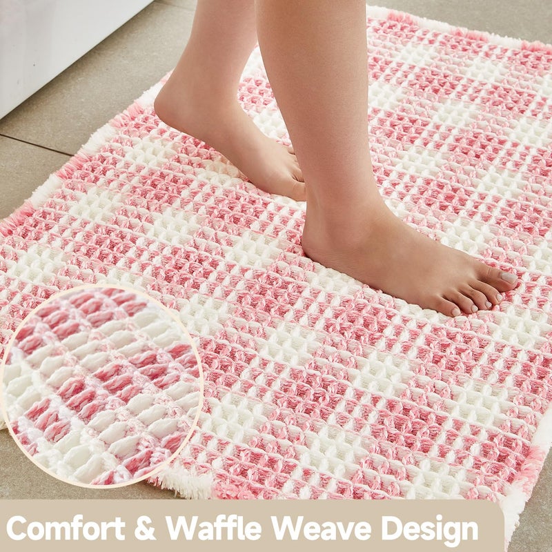 Tyuu Waffle Bath Mat  Boho Bathroom Rugs Non Slip Washable Absorbent Checkered Bathroom Mat Quick Dry Cute Bath Mat  30""X20"" Pink And White - Image 3