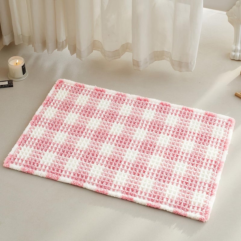 Tyuu Waffle Bath Mat  Boho Bathroom Rugs Non Slip Washable Absorbent Checkered Bathroom Mat Quick Dry Cute Bath Mat  30""X20"" Pink And White - Image 1