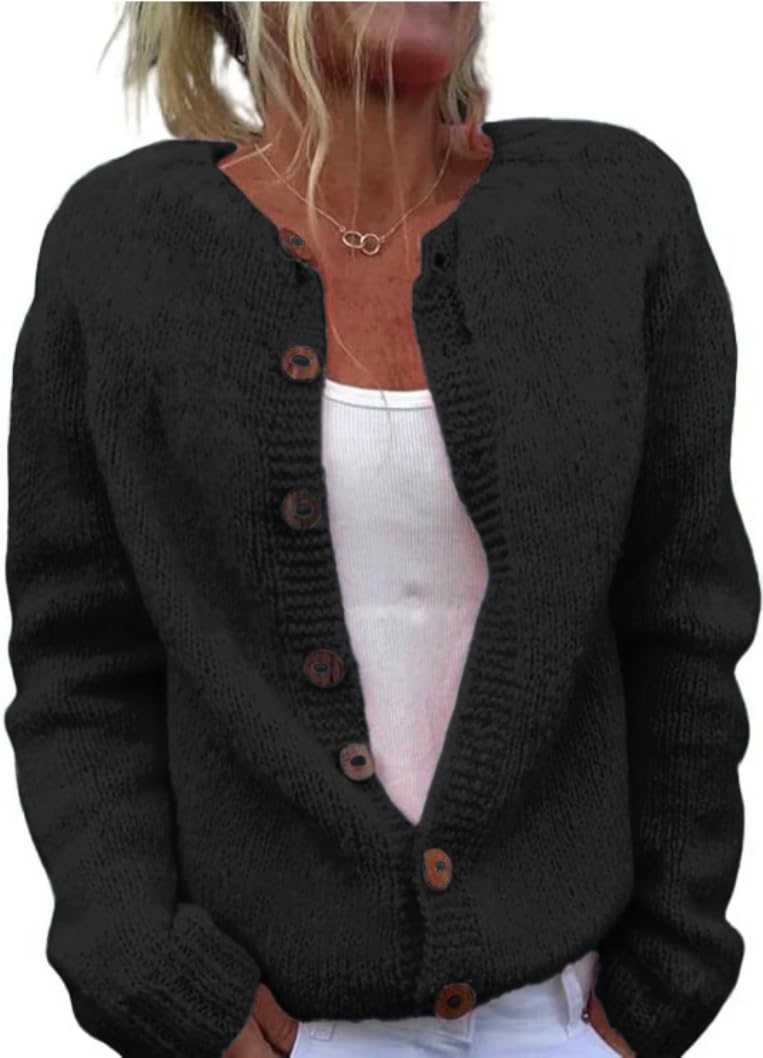Beopjesk Women's Casual Fall Winter Open Front Long Sleeve Button Knit Cardigan Sweater Loose Outerwear Coats (Black,S)
