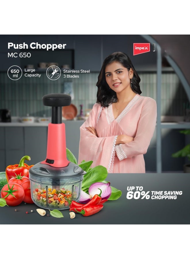 Impex Push Chopper for Kitchen Vegetables & Fruits | Multipurpose Hand Press With Lock & Unlock System | Quick Manual Hand Held Onion Cutter (Pink) - Image 2