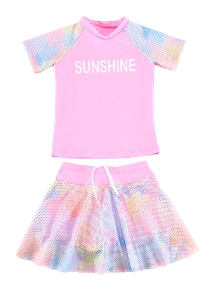 Loquat Girls Swimsuit 2 Piece Bathing Suit  Short Sleeves Swim Shirts,Skirt With Lining - Image 1