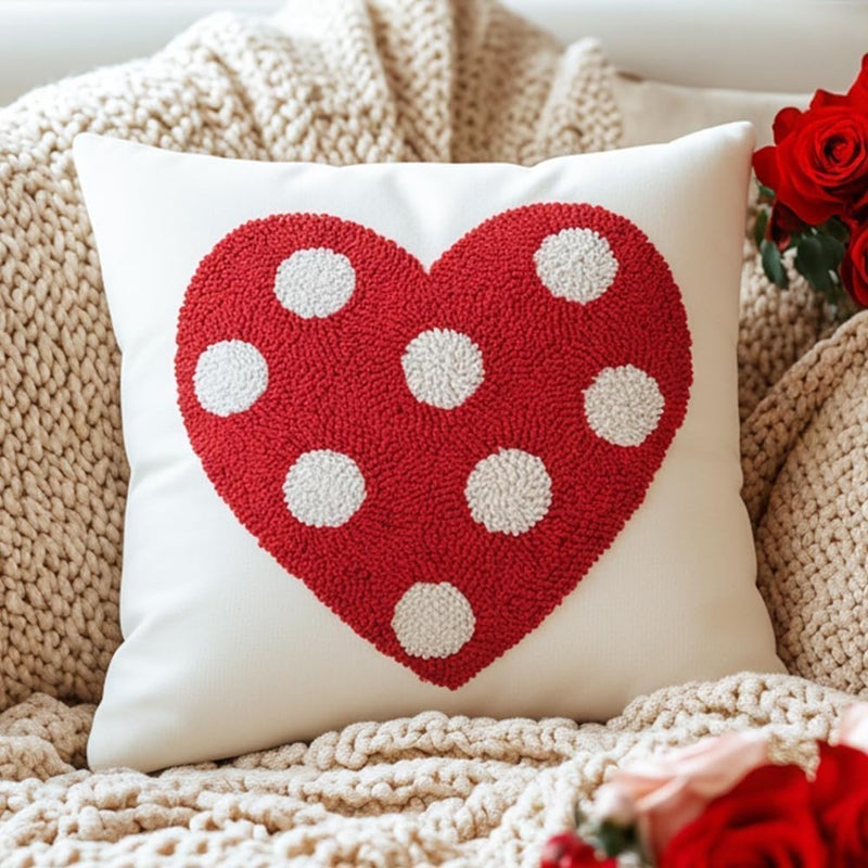 GEEORY Valentineâ€™s Pillow Cover 18x18 Inch, 3D Cotton Embroidered Red Polka-dot Heart Romantic Valentineâ€™s Day Decorations Farmhouse Home Decor Cushion Case for Living Room, Sofa & Bed - Image 1