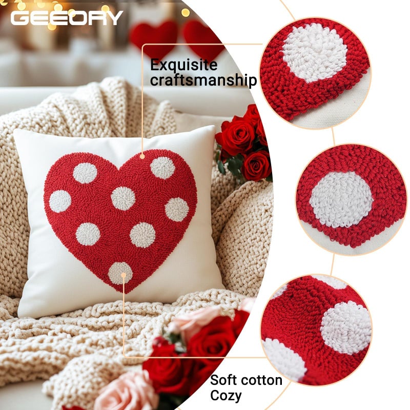 GEEORY Valentineâ€™s Pillow Cover 18x18 Inch, 3D Cotton Embroidered Red Polka-dot Heart Romantic Valentineâ€™s Day Decorations Farmhouse Home Decor Cushion Case for Living Room, Sofa & Bed - Image 3