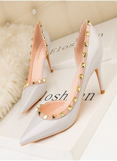 Eloshman Fashionable Rivet Shallow Cut Pointed Side Hollowed Out Women's Thin Heel High Heels grey  - Image 1