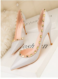 Eloshman Fashionable Rivet Shallow Cut Pointed Side Hollowed Out Women's Thin Heel High Heels grey  - Image 3