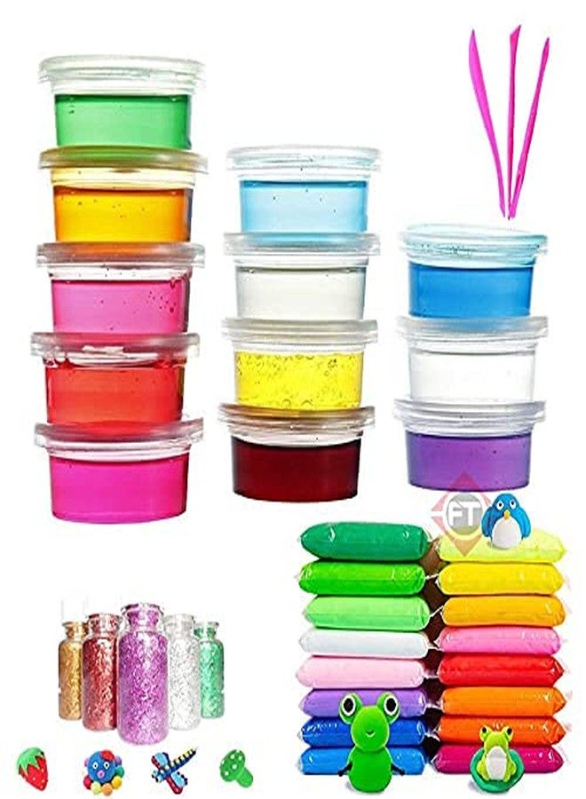 Firstly Traders New Creative Slime Kit with 12 Crystal Slime+ 60 Air Dry Clay with Free Tools, Glitter for Kids Boys and Girls Age 3+ Years Magic Slime Putty Toys - Image 1