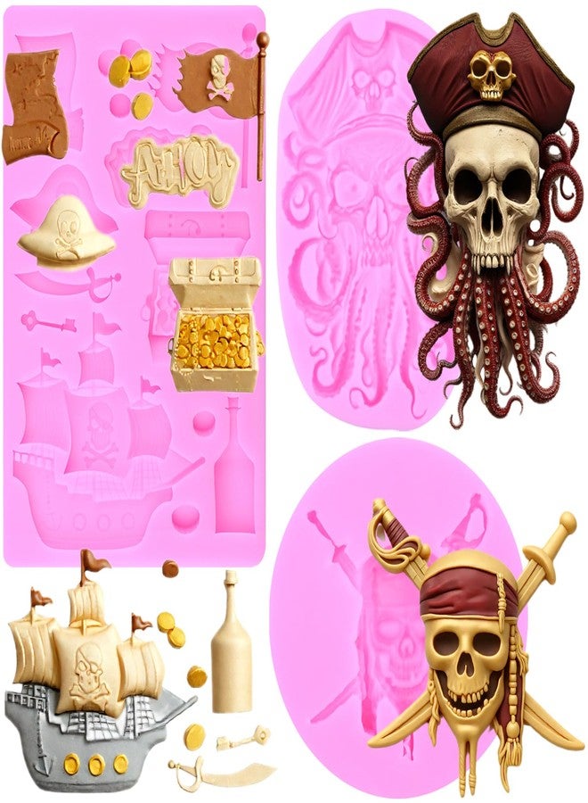 MIYAHOUSE قوالب سيليكون مياهاوس للقراصنة، صندوق كنز، سفينة، قالب فوندان، علم قراصنة، خريطة، قالب شوكولاتة لتزيين الكيك، زينة كب كيك، حلوى، طين بوليمر، معجون صمغ، مجموعة من 3 قطع - Image 1