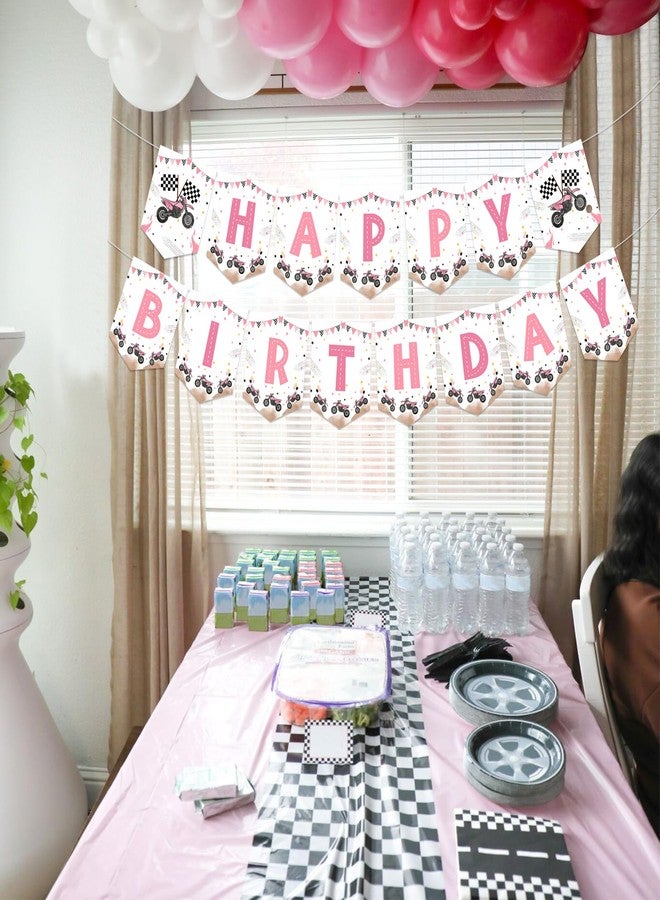 Cheereveal Dirt Bike Birthday Party Decorations, Motocross Motorcycle Racing Happy Birthday Banner Decor for Girl, Extreme Sports Motorbike Competition Party Supplies Pink - Image 2