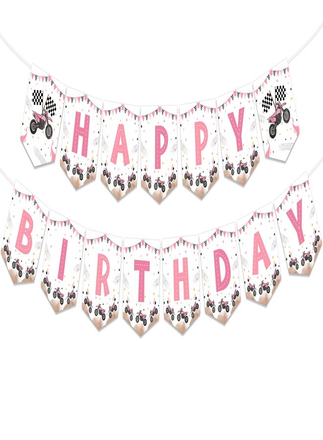Cheereveal Dirt Bike Birthday Party Decorations, Motocross Motorcycle Racing Happy Birthday Banner Decor for Girl, Extreme Sports Motorbike Competition Party Supplies Pink - Image 1