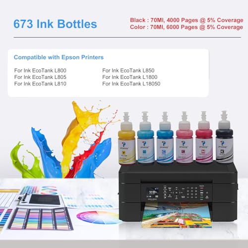 proffisyT673 / 673 حبر تعبئة صبغة متوافق مع Epson L805, L800, L1800, L850, L810, L18050(6 ألوان) - Image 3