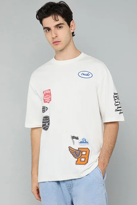 أر أند بي Appliqued T-Shirt with Crew Neck and Short Sleeves