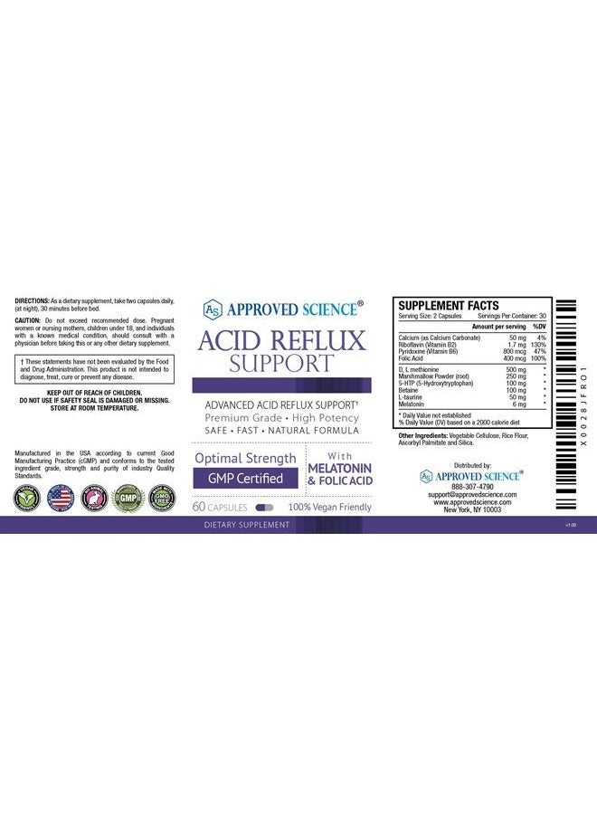 Approved Science - ® Acid Reflux Support - with Melatonin, Marshmallow Root, L-Taurine 180 Vegan Friendly Capsules - Image 1