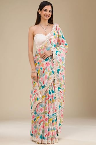 SGF11 Women's Heavy Geogette Digital Print Squence Work Saree With Unstitched Blouse Piece (White) - Image 2