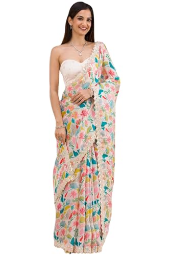 SGF11 Women's Heavy Geogette Digital Print Squence Work Saree With Unstitched Blouse Piece (White) - Image 5