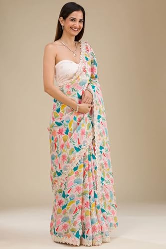 SGF11 Women's Heavy Geogette Digital Print Squence Work Saree With Unstitched Blouse Piece (White) - Image 4